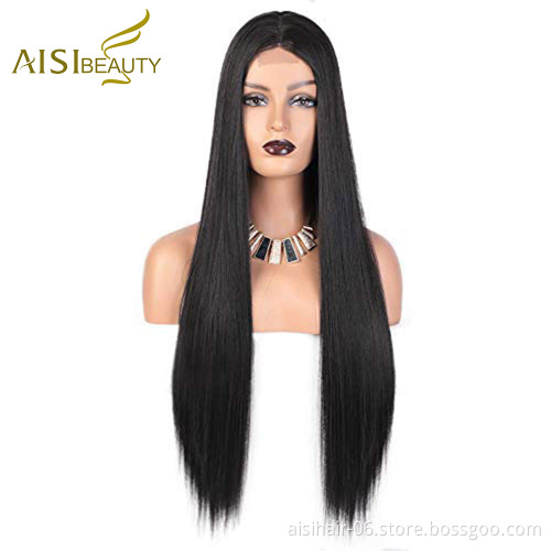 Aisi Beauty Wholesale Vendor Long Silky Straight Middle Part Black Wig Lace Front Synthetic Hair For Black Women Lace Front Wig